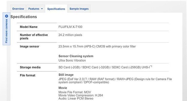 Опубликованы характеристики беззеркальной камеры Fujifilm X-T100 