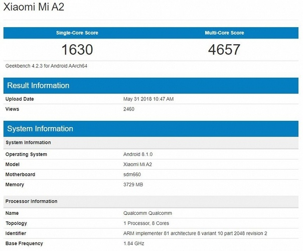 Смартфон Xiaomi Mi A2 замечен в базе Geekbench 