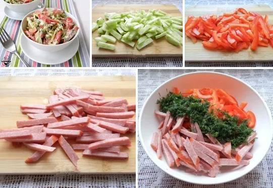 САЛАТ С КОПЧЕНОЙ КОЛБАСОЙ И ОГУРЦАМИ 