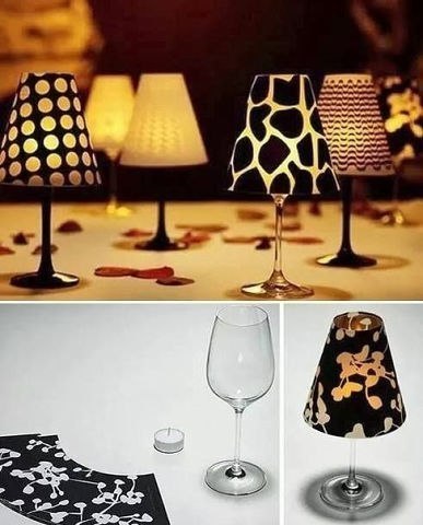 Маленькие светильнички для романтического вечера из бокала, свечки и декоративной бумаги